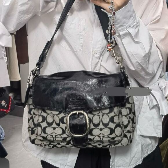 COACH Bleeker 12562 Shoulder Bag Black Patent Leather/Signature Canvas Medium - Picture 3 of 12